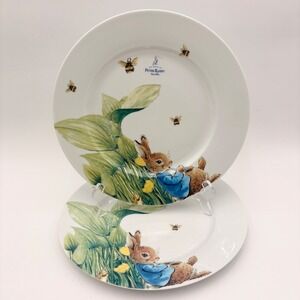 Set of 2 Beatrix Potter Peter Rabbit Easter Dinner Plates Bumble Bee Flowers